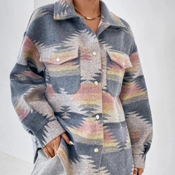 . Jackets & Blazers - Geo Aztec Print Flap Pocket Overcoat Shacket jacket Casual Western